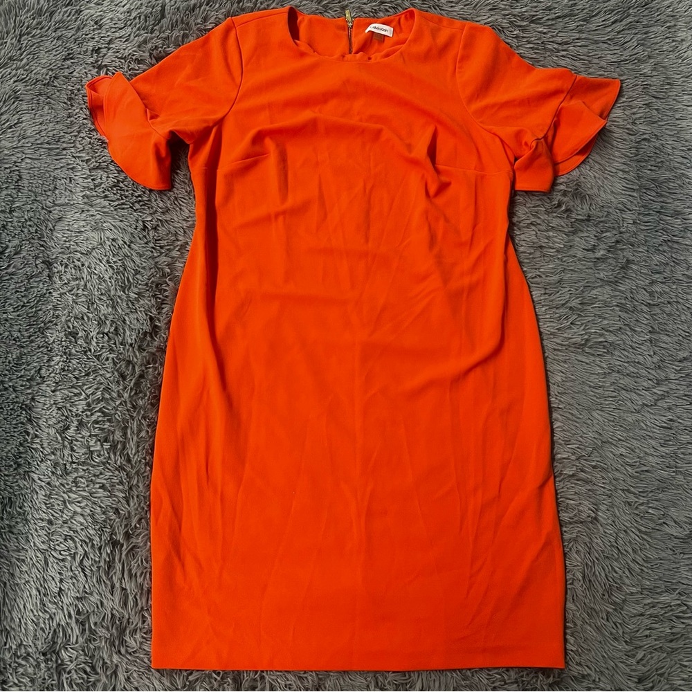Calvin Klein Bright Orange Ruffle-Sleeve Sheath Dress